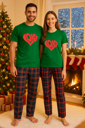 Set pijamale cuplu - Set Craciun in doi – tricou si pantaloni pijamale, bumbac, tematica sarbatori si Craciun