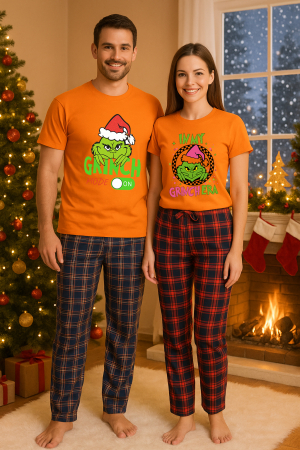 Set pijamale cupluri - Set Craciun in doi – Grinch tricou si pantaloni pijamale, bumbac, tematica sarbatori si Craciun