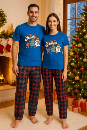 Set pijamale cupluri - Set Craciun in doi – tricou si pantaloni pijamale, bumbac, tematica sarbatori si Craciun