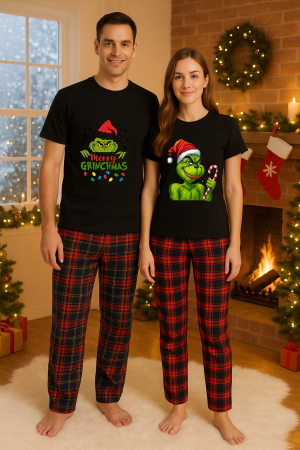 Set pijamale cupluri - Set Craciun in doi Grinch – tricou si pantaloni pijamale, bumbac, tematica sarbatori si Craciun