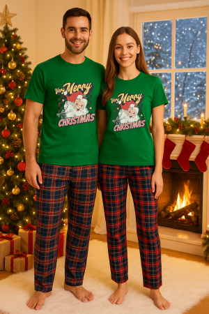 Set pijamale cupluri - Set Craciun in doi – tricou si pantaloni pijamale, bumbac, tematica sarbatori si Craciun