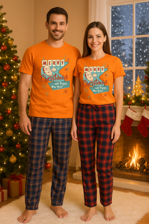 Set pijamale cuplu - Set Craciun in doi – tricou si pantaloni pijamale, bumbac, tematica sarbatori si Craciun