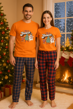 Set pijamale cuplu - Set Craciun in doi – tricou si pantaloni pijamale, bumbac, tematica sarbatori si Craciun