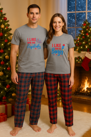 Set pijamale cupluri - Set Craciun in doi – tricou si pantaloni pijamale, bumbac, tematica sarbatori si Craciun