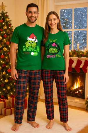 Set pijamale cupluri - Set Craciun in doi – Grinch tricou si pantaloni pijamale, bumbac, tematica sarbatori si Craciun