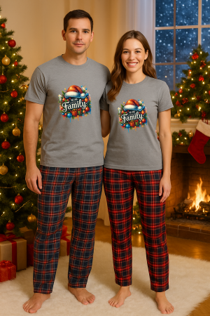 Set pijamale cupluri - Set Craciun in doi – tricou si pantaloni pijamale, bumbac, tematica sarbatori si Craciun