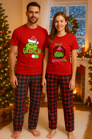 Set pijamale cupluri - Set Craciun in doi – Grinch tricou si pantaloni pijamale, bumbac, tematica sarbatori si Craciun