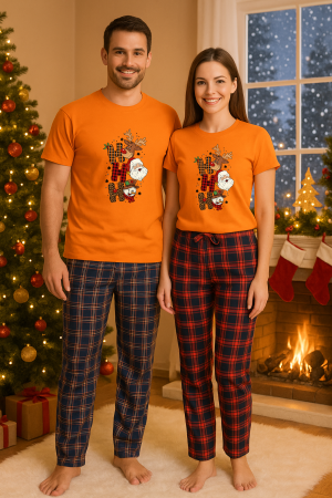 Set pijamale cupluri - Set Craciun in doi – tricou si pantaloni pijamale, bumbac, tematica sarbatori si Craciun