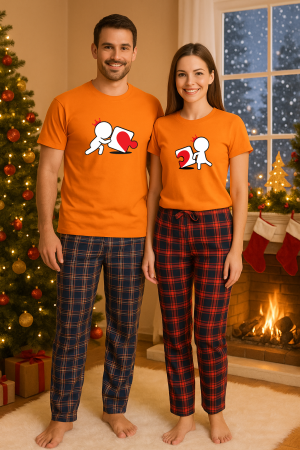 Set pijamale cupluri - Set Craciun in doi – tricou si pantaloni pijamale, bumbac, tematica sarbatori si Craciun