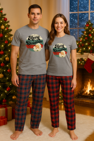 Set pijamale cupluri - Set Craciun in doi – tricou si pantaloni pijamale, bumbac, tematica sarbatori si Craciun