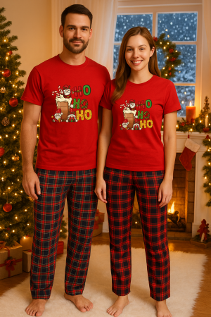 Set pijamale cupluri - Set Craciun in doi – tricou si pantaloni pijamale, bumbac, tematica sarbatori si Craciun