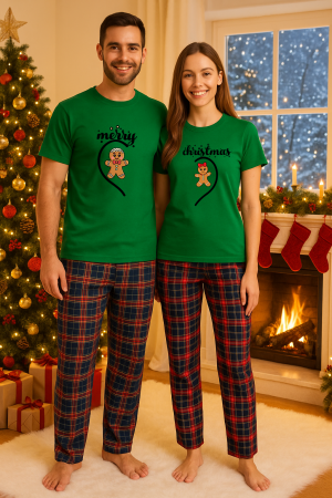 Pijamale - Set Craciun in doi – tricou si pantaloni pijamale, bumbac, tematica sarbatori si Craciun