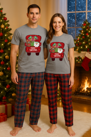 Set pijamale cupluri - Set Craciun in doi – tricou si pantaloni pijamale, bumbac, tematica sarbatori si Craciun