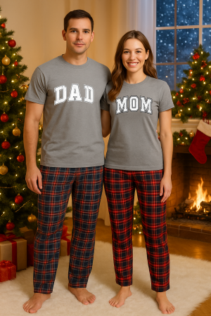 Set pijamale cupluri - Set Craciun in doi – tricou si pantaloni pijamale, bumbac, tematica sarbatori si Craciun