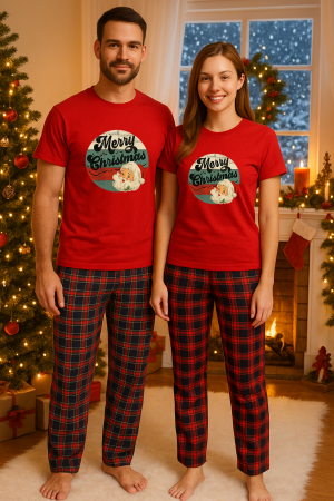 Set pijamale cupluri - Set Craciun in doi – tricou si pantaloni pijamale, bumbac, tematica sarbatori si Craciun