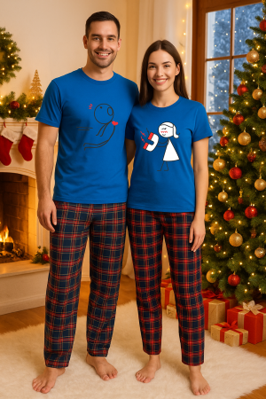 Set pijamale cuplu - Set Craciun in doi – tricou si pantaloni pijamale, bumbac, tematica sarbatori si Craciun