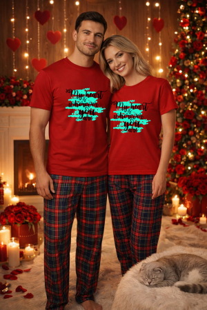 Pijamale cupluri - Set pijamale pentru cuplu – tricou si pantaloni pijamale, bumbac, Valentine's si Dragobete