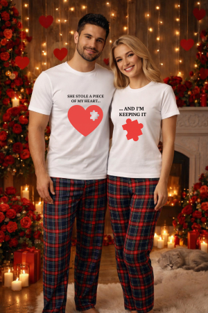 Pijamale cupluri - Set pijamale pentru cuplu – tricou si pantaloni pijamale, bumbac, Valentine's si Dragobete