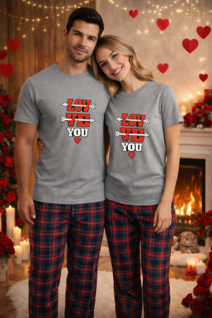 Pijamale cupluri - Set pijamale pentru cuplu – tricou si pantaloni pijamale, bumbac, Valentine's si Dragobete