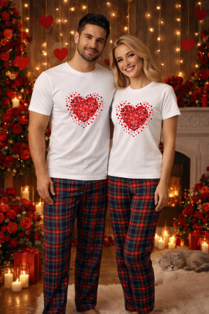 Pijamale cupluri - Set pijamale pentru cuplu – tricou si pantaloni pijamale, bumbac, Valentine's si Dragobete