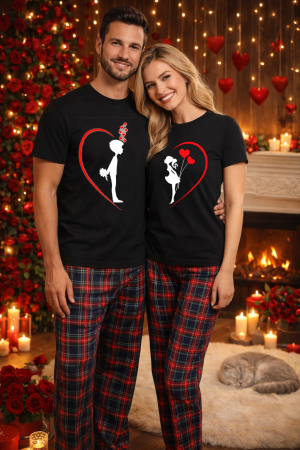 Pijamale cupluri - Set pijamale pentru cuplu – tricou si pantaloni pijamale, bumbac, Valentine's si Dragobete