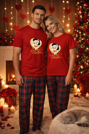 Pijamale cupluri - Set pijamale pentru cuplu – tricou si pantaloni pijamale, bumbac, Valentine's si Dragobete
