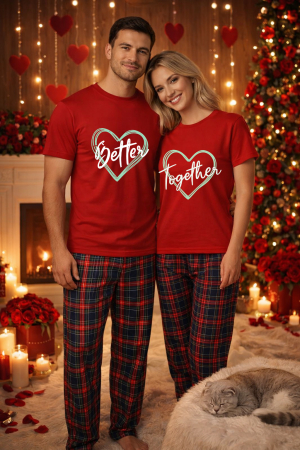 Pijamale cupluri - Set pijamale pentru cuplu – tricou si pantaloni pijamale, bumbac, Valentine's si Dragobete