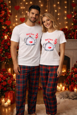 Pijamale cupluri - Set pijamale pentru cuplu – tricou si pantaloni pijamale, bumbac, Valentine's si Dragobete
