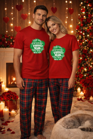 Pijamale cupluri - Set pijamale pentru cuplu – tricou si pantaloni pijamale, bumbac, Valentine's si Dragobete