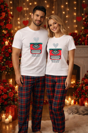 Pijamale cupluri - Set pijamale pentru cuplu – tricou si pantaloni pijamale, bumbac, Valentine's si Dragobete