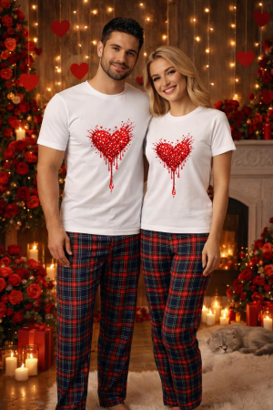 Pijamale cupluri - Set pijamale pentru cuplu – tricou si pantaloni pijamale, bumbac, Valentine's si Dragobete