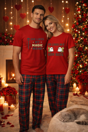 Pijamale cupluri - Set pijamale pentru cuplu – tricou si pantaloni pijamale, bumbac, Valentine's si Dragobete
