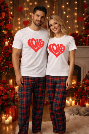 Pijamale cupluri - Set pijamale pentru cuplu – tricou si pantaloni pijamale, bumbac, Valentine's si Dragobete