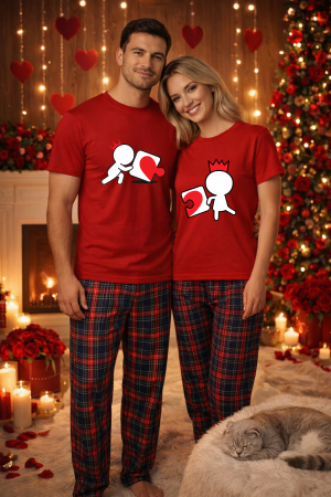 Pijamale cupluri - Set pijamale pentru cuplu – tricou si pantaloni pijamale, bumbac, Valentine's si Dragobete