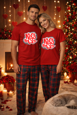 Pijamale cupluri - Set pijamale pentru cuplu – tricou si pantaloni pijamale, bumbac, Valentine's si Dragobete