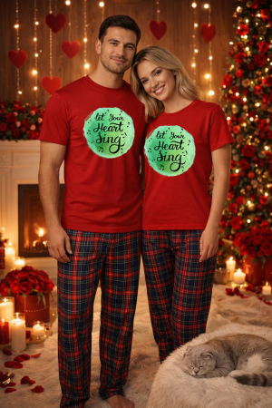 Pijamale cupluri - Set pijamale pentru cuplu – tricou si pantaloni pijamale, bumbac, Valentine's si Dragobete