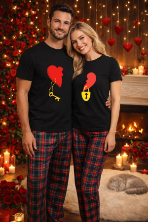Pijamale cupluri - Set pijamale pentru cuplu – tricou si pantaloni pijamale, bumbac, Valentine's si Dragobete