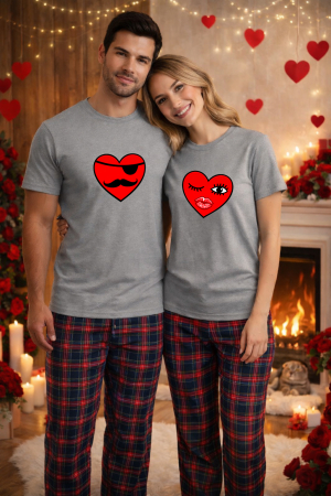 Pijamale cupluri - Set pijamale pentru cuplu – tricou si pantaloni pijamale, bumbac, Valentine's si Dragobete