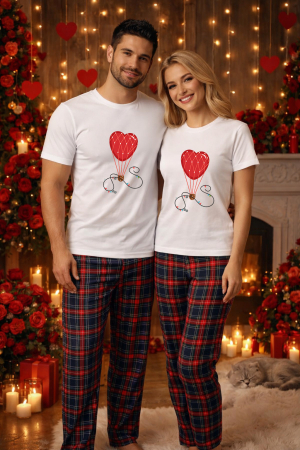 Pijamale cupluri - Set pijamale pentru cuplu – tricou si pantaloni pijamale, bumbac, Valentine's si Dragobete