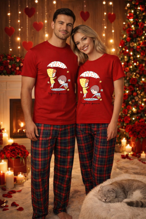 Pijamale cupluri - Set pijamale pentru cuplu – tricou si pantaloni pijamale, bumbac, Valentine's si Dragobete