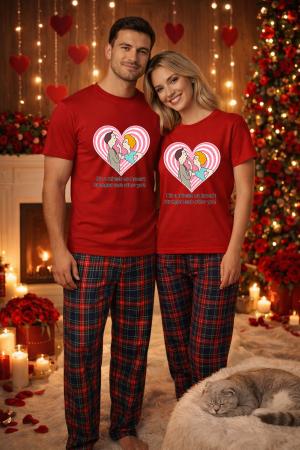 Pijamale cupluri - Set pijamale pentru cuplu – tricou si pantaloni pijamale, bumbac, Valentine's si Dragobete