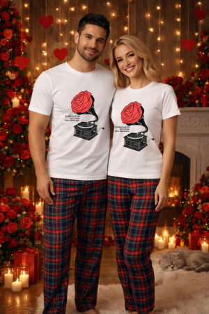 Pijamale cupluri - Set pijamale pentru cuplu – tricou si pantaloni pijamale, bumbac, Valentine's si Dragobete