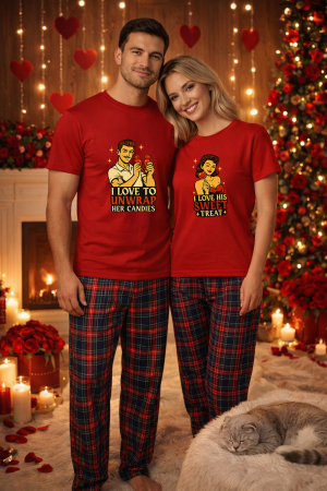 Pijamale cupluri - Set pijamale pentru cuplu – tricou si pantaloni pijamale, bumbac, Valentine's si Dragobete