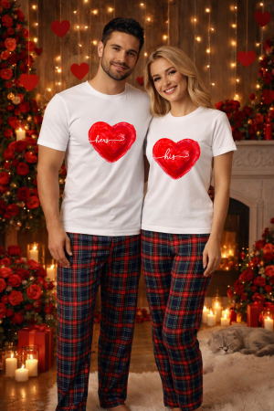 Pijamale cupluri - Set pijamale pentru cuplu – tricou si pantaloni pijamale, bumbac, Valentine's si Dragobete