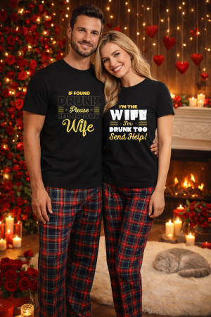 Pijamale cupluri - Set pijamale pentru cuplu – tricou si pantaloni pijamale, bumbac, Valentine's si Dragobete