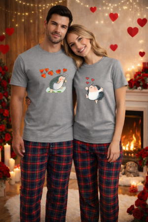 Pijamale cupluri - Set pijamale pentru cuplu – tricou si pantaloni pijamale, bumbac, Valentine's si Dragobete