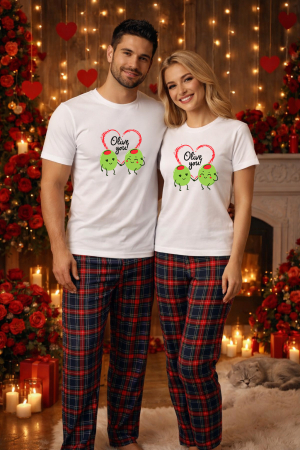 Pijamale cupluri - Set pijamale pentru cuplu – tricou si pantaloni pijamale, bumbac, Valentine's si Dragobete