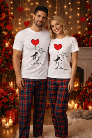 Pijamale cupluri - Set pijamale pentru cuplu – tricou si pantaloni pijamale, bumbac, Valentine's si Dragobete