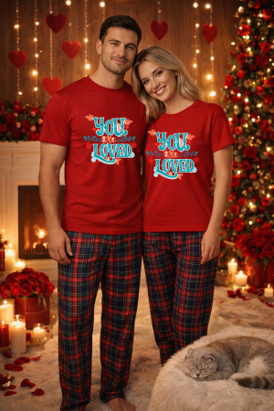 Pijamale cupluri - Set pijamale pentru cuplu – tricou si pantaloni pijamale, bumbac, Valentine's si Dragobete