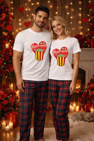 Pijamale cupluri - Set pijamale pentru cuplu – tricou si pantaloni pijamale, bumbac, Valentine's si Dragobete